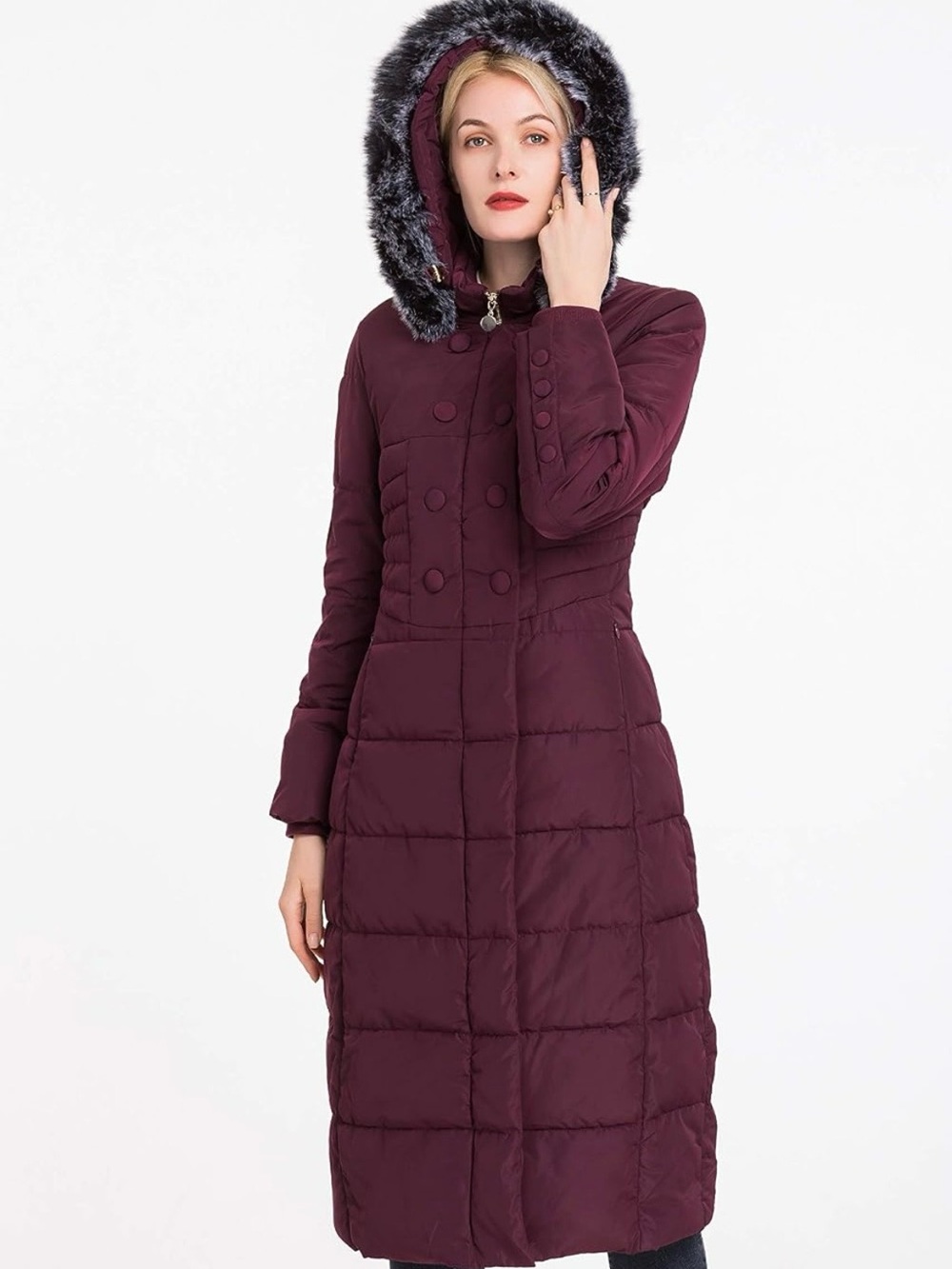 Polydeer Burgundy Long Puffer Coat Faux Fur Hood Size M